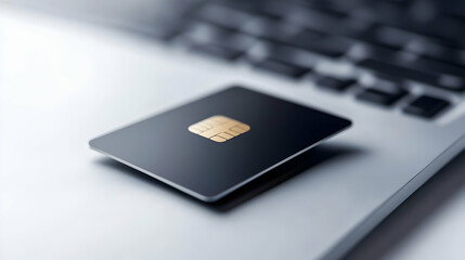 Close-up of a black credit card on a laptop keyboard, symbolizing online payments and modern financial services.
