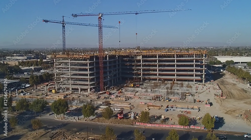 Poster aerial view of a large building under construction, with multiple cranes and workers visible.