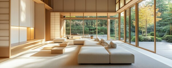 Fototapeta premium Modern japanese zen living room with minimalist design and natural light