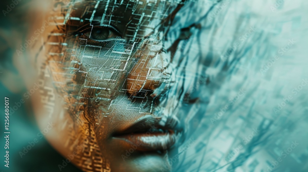 Aufkleber a surreal ai-generated face intertwined with digital circuit patterns, combining human features and 