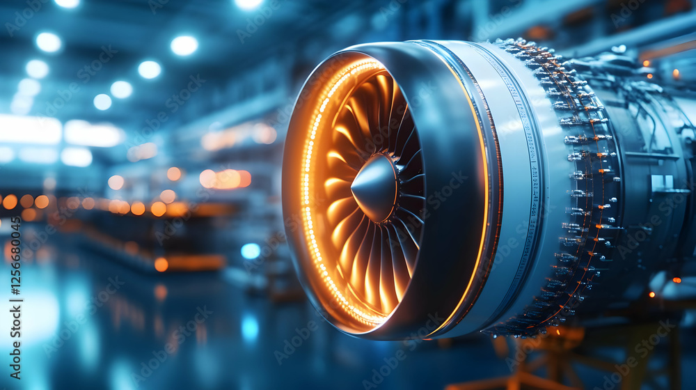 Poster close-up of a powerful jet engine showcasing intricate details and glowing components in a modern in