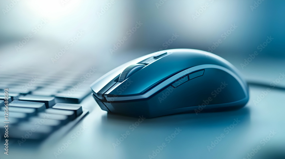 Poster close-up of a sleek computer mouse resting beside a keyboard, showcasing modern design and functiona