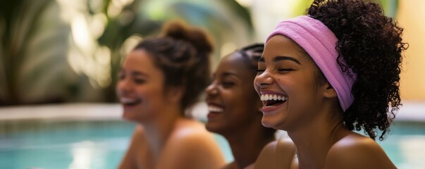 Joyful young women laughing by poolside