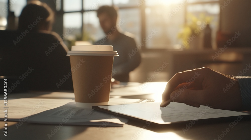 Poster close-up of a hand using a tablet at a desk, with colleagues blurred in the background and a coffee 