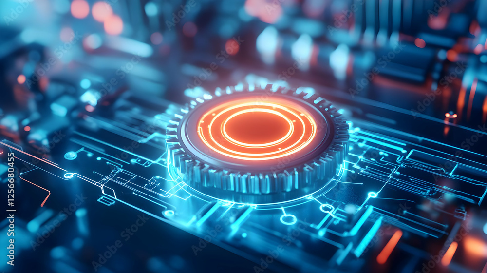 Poster close-up of futuristic circuit board design showcasing vibrant lights and intricate electronic compo