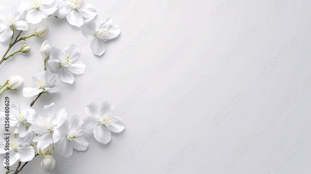 Poster white spring flowers bordering neutral background with copy space