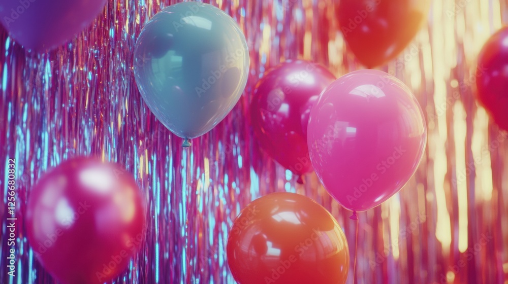 Poster festive party backdrop with colorful balloons and shimmering tinsel for celebrations and events. gen