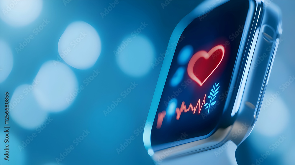 Poster close-up view of a smartwatch displaying heart rate and fitness metrics with a soft blue background.