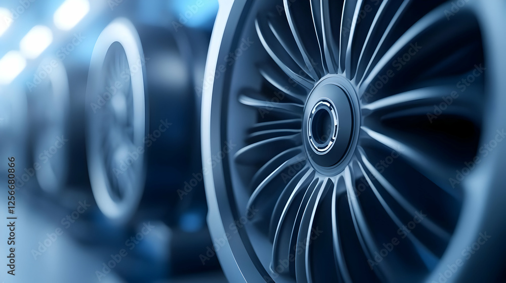 Poster close-up view of a turbine engine blade showcasing intricate design and engineering excellence.