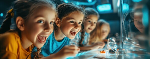 Asian and caucasian young girls fascinated by science exhibit with enthusiastic expressions