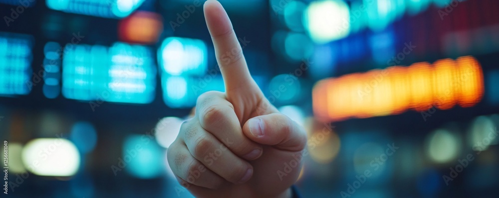 Poster businessman pointing up with stock market data in background