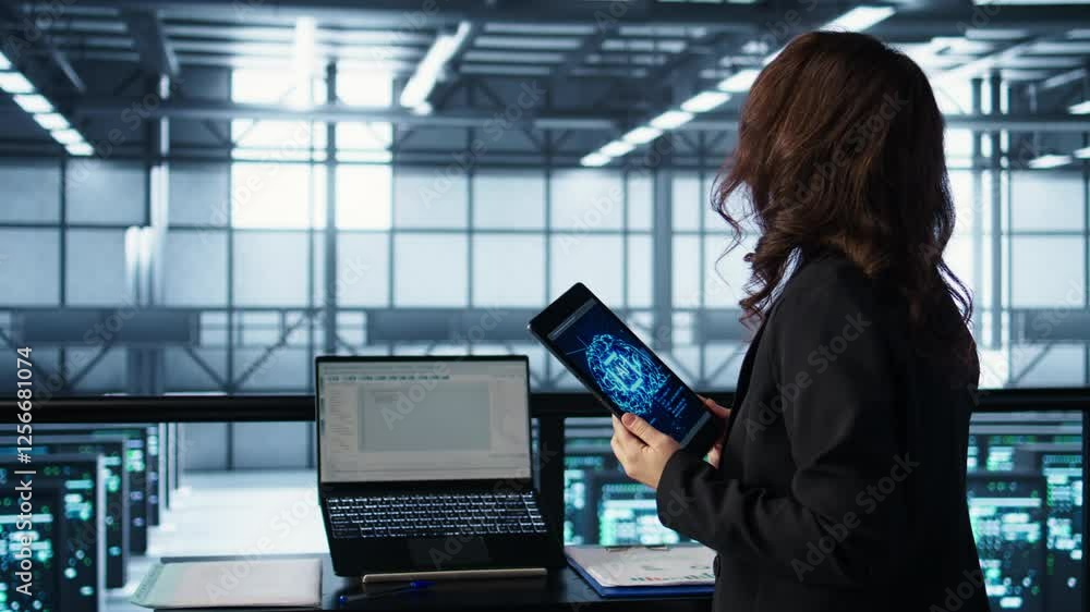 Poster technician in data center with tablet integrating ai driven automation tools, running predictive mai