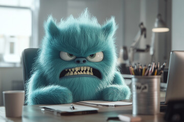 Angry office worker screaming. Stressed-out monster employee character shouting at work at desk. Stress, irritability, fatigue from work. Emotions and stress in business