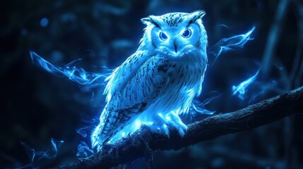 Glowing owl perched on branch, dark forest background; fantasy art