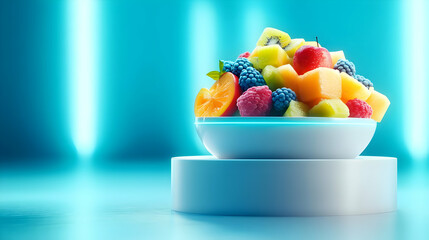 Colorful fruit salad in a bowl, showcasing a vibrant mix of fresh fruits on a sleek, modern background.