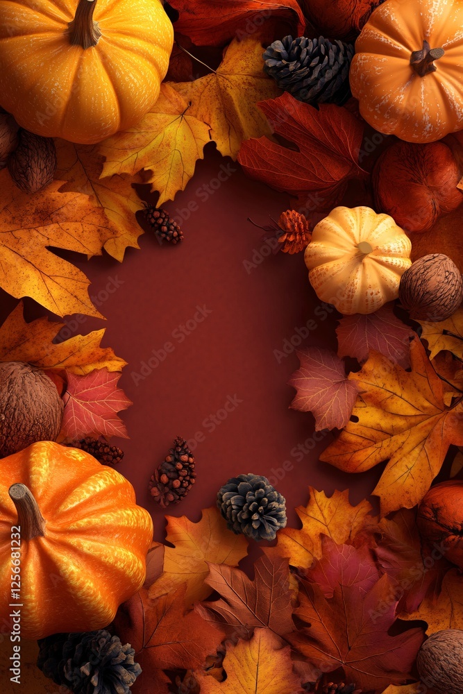 Poster Autumn border design with pumpkins and colorful leaves creating copy space