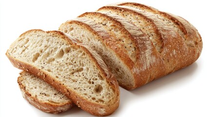 Freshly Baked Sourdough Bread Loaf with Slices on White Background