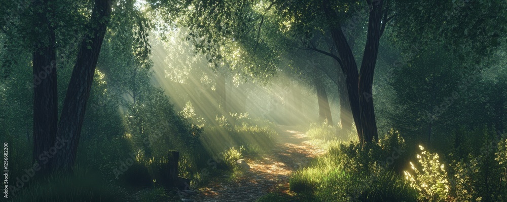 Poster sunlit forest path with lush greenery and dappled light