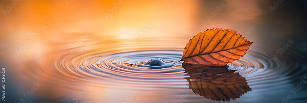 Poster single autumn leaf floats on calm water, creating concentric ripples at sunset.