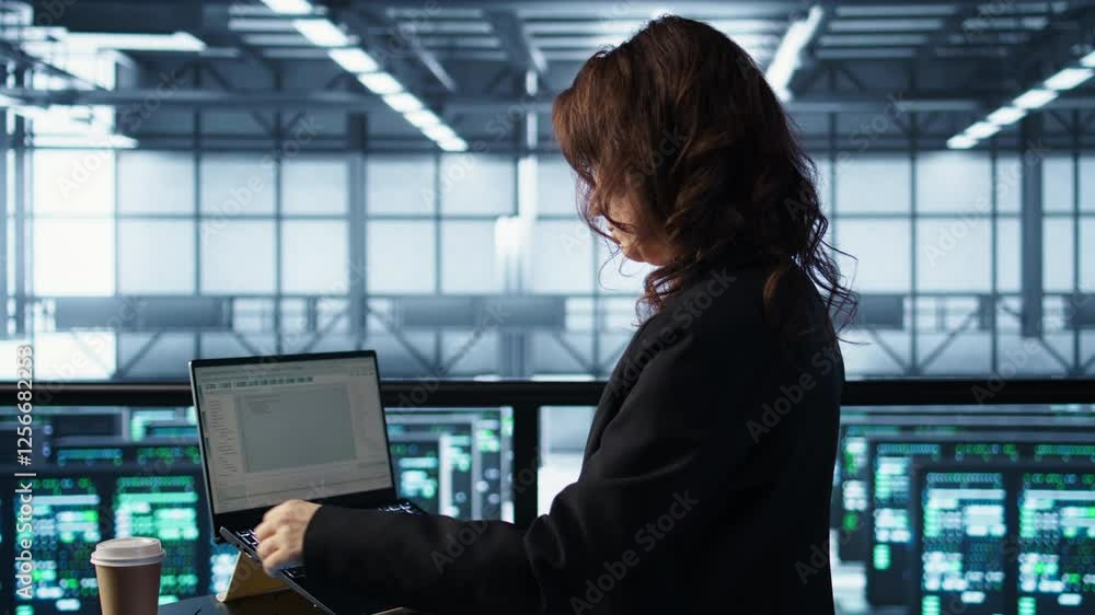 Poster admin in data center using laptop to update storage arrays, configuring network virtualization. woma