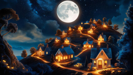 Fototapeta premium A tranquil hillside village displays warm lights glowing from cozy homes, set against a dark sky illuminated by a bright full moon. The peaceful ambiance invites serene contemplation.