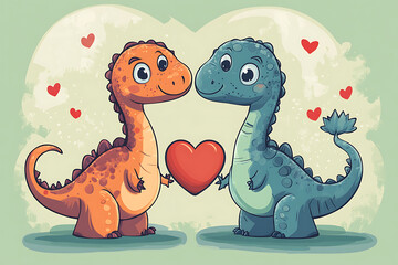 Two cartoon dinosaurs holding a heart, surrounded by hearts on a soft green background, symbolizing love