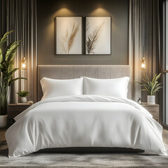 Elegant White Bedding Set Mockup with Plants and Wall Decor