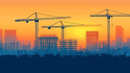 Sunset cityscape with construction cranes and buildings under construction.