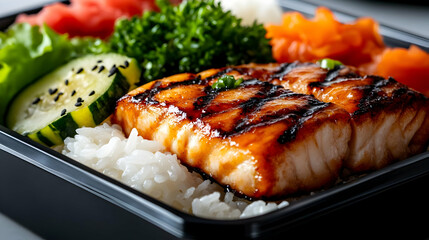 Delicious grilled salmon served with fresh vegetables and rice in a black bento box.