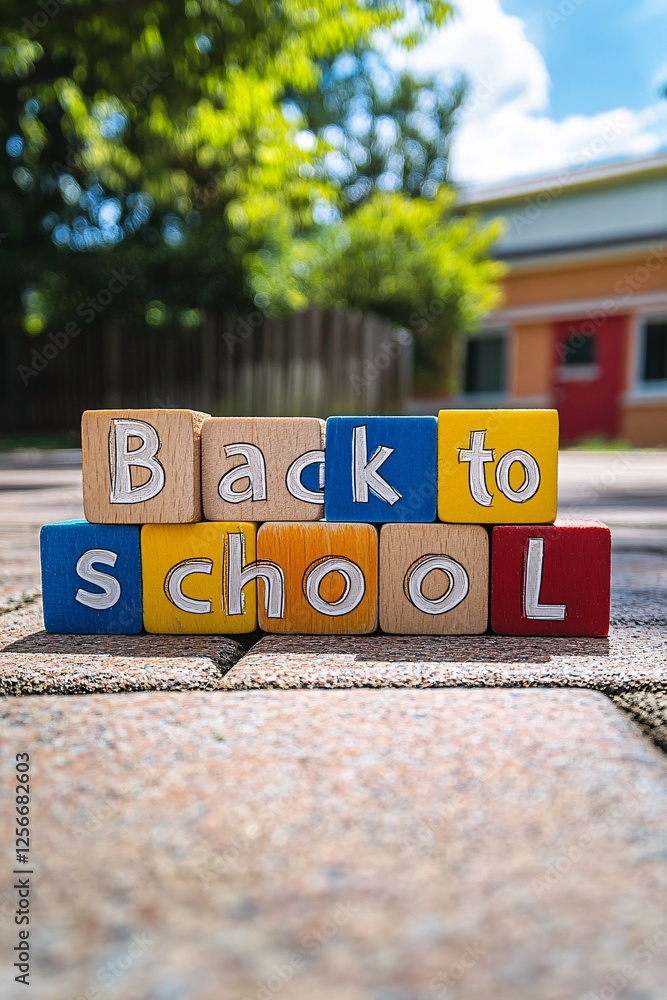 Poster back to school concept with toy blocks in front of a school building