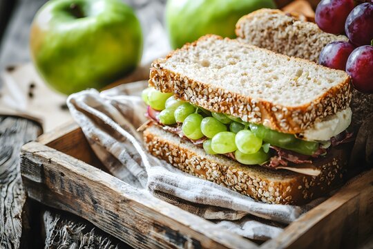 Delicious Grape and Roast Beef Sandwich: A mouthwatering close-up shot of a gourmet sandwich featuring roast beef, fresh green grapes, and mozzarella cheese on multigrain bread. - Powered by Adobe