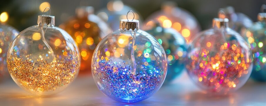 Colorful glitter-filled christmas ornaments with soft bokeh lighting
