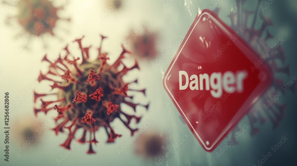 Poster a digitally rendered image featuring covid-19 virus particles floating near a red danger warning sig
