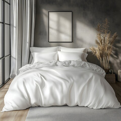 Elegant White Bedding Set with Wooden Frame and Potted Plant