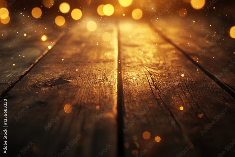 Poster rustic wooden table with warm, glowing bokeh lights.