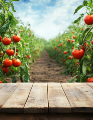 A vibrant farm scene featuring ripe, freshly harvested tomatoes displayed on a rustic wooden table, with lush green tomato fields stretching into the distance. 