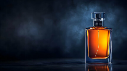 Elegant amber perfume bottle captured in mysterious lighting, perfect for showcasing luxury and sophistication.