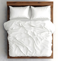 Obraz premium Top View White Bedding Set with Wooden Bed Frame