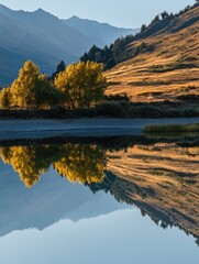 Naklejka premium Scenic mountain landscape reflected on the lake during the autumn season