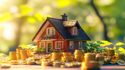 Model house surrounded by gold coins on a bright sunny background