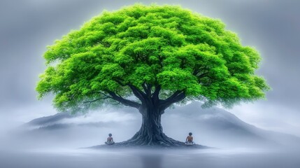 Obraz premium Meditative reflection beneath a majestic green tree serene landscape nature tranquil environment peaceful view