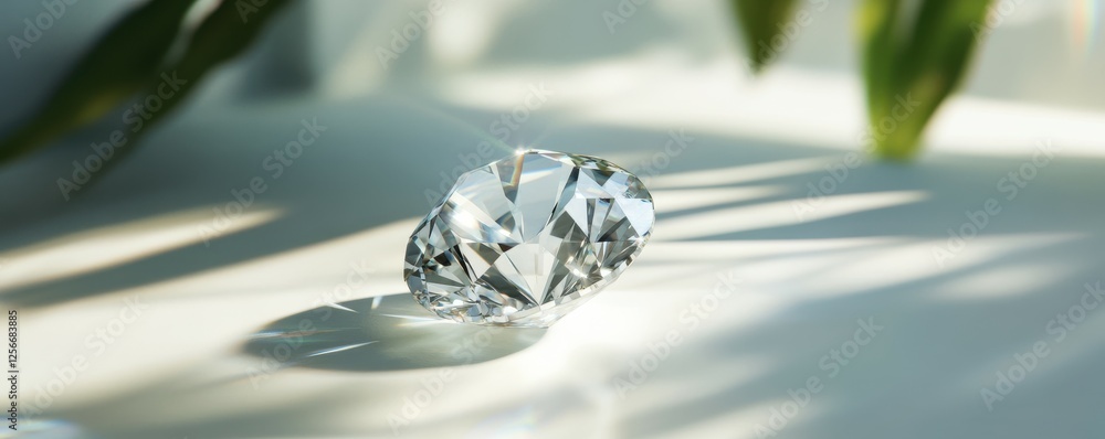 Poster sparkling faceted diamond with prismatic light reflections on smooth surface