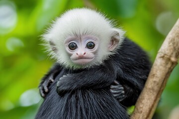 Fototapeta premium Adorable baby monkey clinging to its mother in lush green foliage.