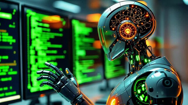 Futuristic robot analyzing data on glowing screens in a high-tech environment, showcasing advanced technology