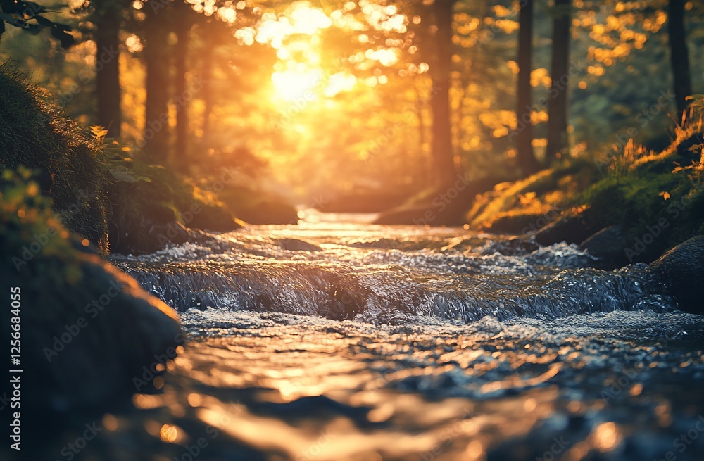 Poster sunlit stream flows through a lush forest at sunset.