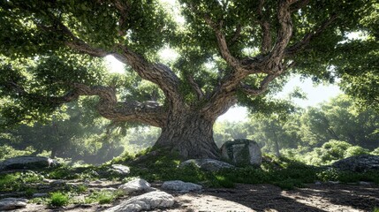 Majestic oak tree in lush forest nature photography serene environment vibrant landscape low angle view