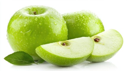 Fresh Green Apples with Water Droplets on White Background