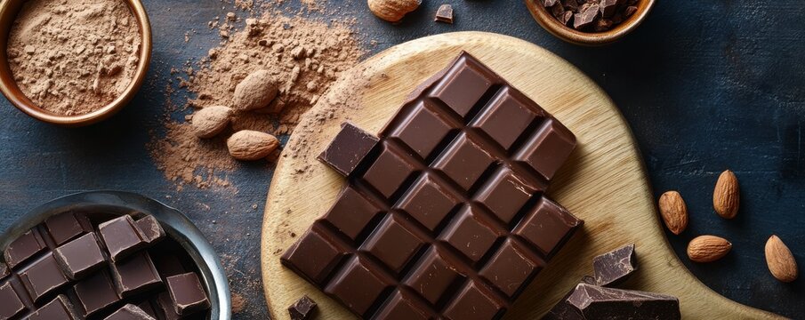 Rich dark chocolate bar with almonds and cocoa on rustic wooden board