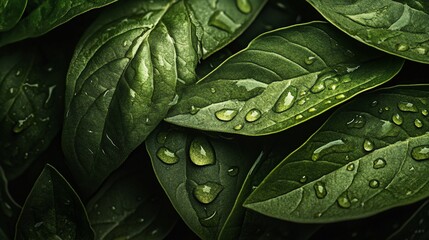 Close-up of lush, dark green leaves with water droplets.