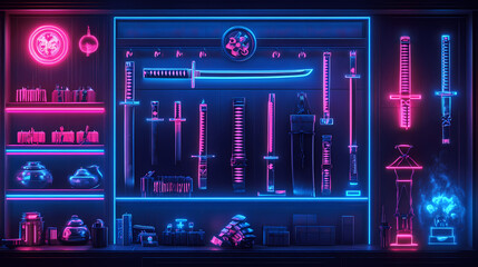 Fototapeta premium Cyber samurai city neon katana shops. neon district. illustration. Neon Samurai. Illustration